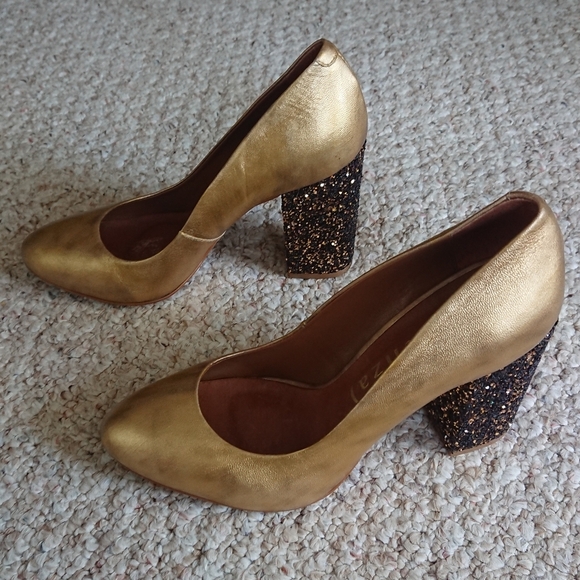 Anthropologie Vicenza Gold Chunky Heels with Glitter Block Heel size 37/36.5 - Picture 3 of 14
